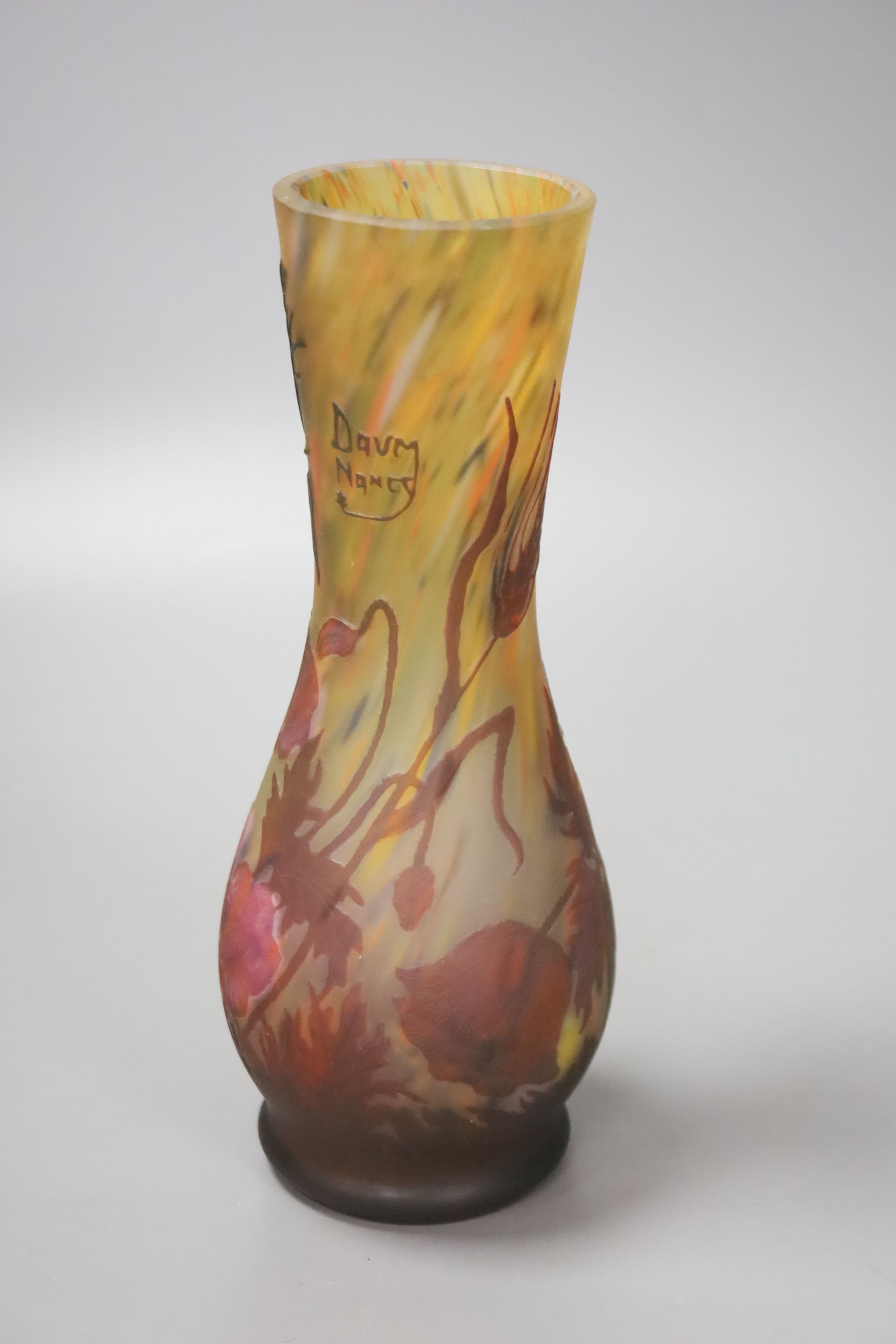 A floral glass vase, apocryphal Daum mark, 24cm high